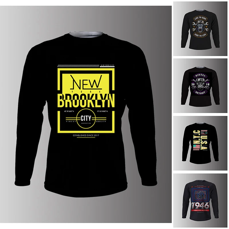 

Black Men's Autumn Bottoming Outer Wear Versatile Long Sleeve T-Shirt Letter 3D Printed Comfortable Top