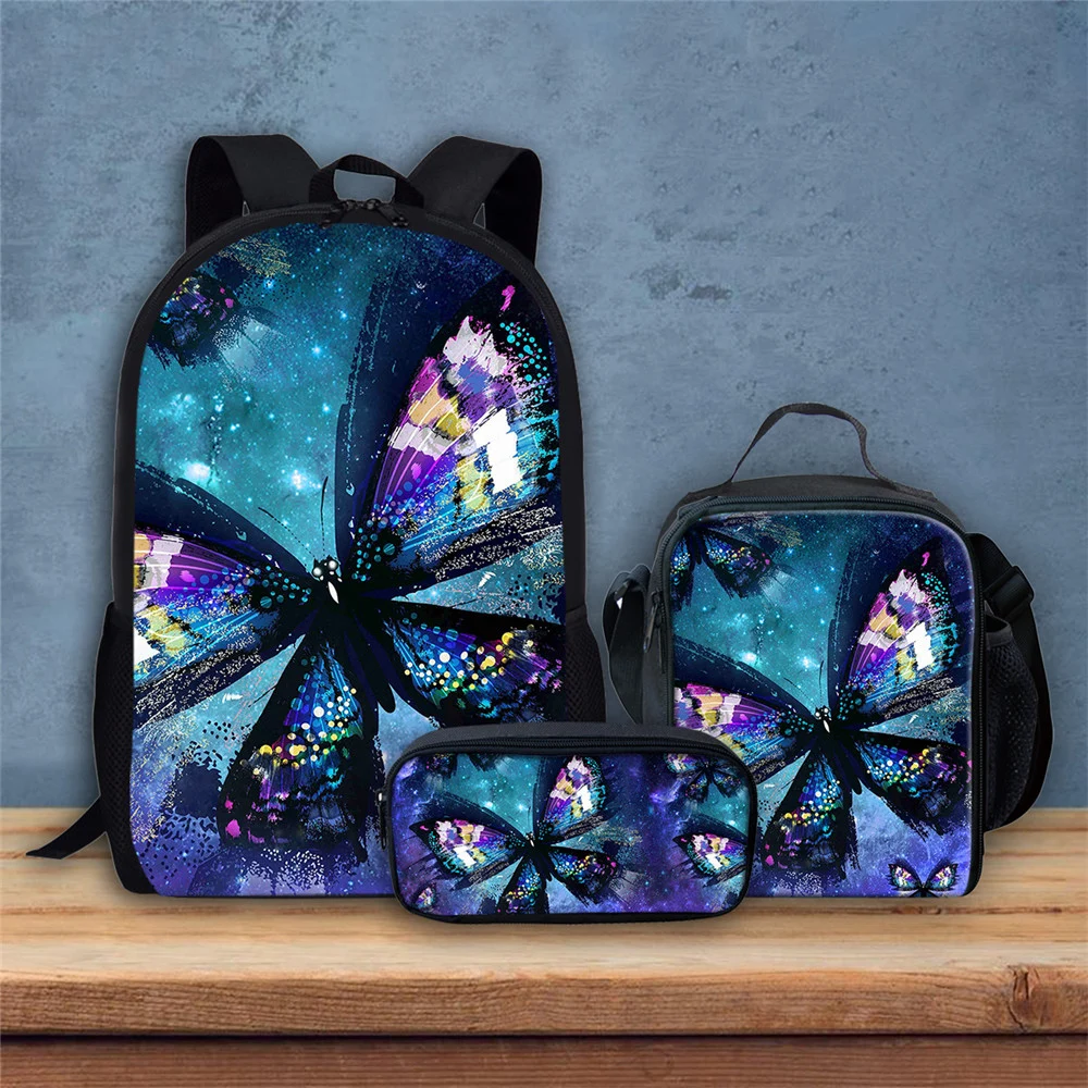 Детский Школьный рюкзак для девочек, комплект с милым 3D-принтом бабочки, сумки для книг для подростков, повседневные Рюкзаки