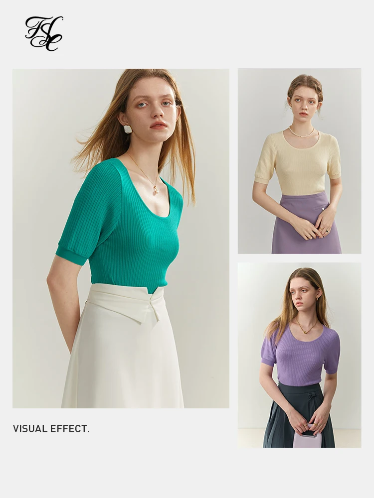 

FSLE Office Lady Summer New 2022 Tops U-Neck Bubble Sleeve Short Sleeve Sweater Women's Short Slim Bottomed Women T-Shirt