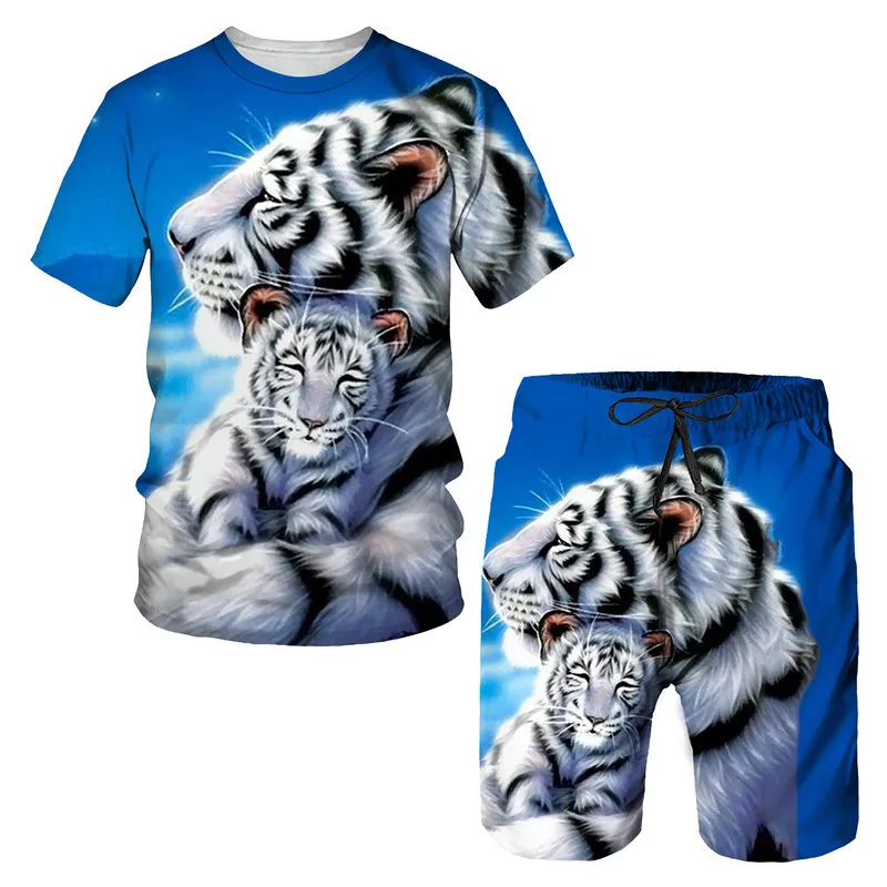 Summer Cool Tiger Printing Men's T Shirt Loose O-neck Short Sleeve Tops Casual Comfortable Shorts 2 Piece Outfit Men Clothing
