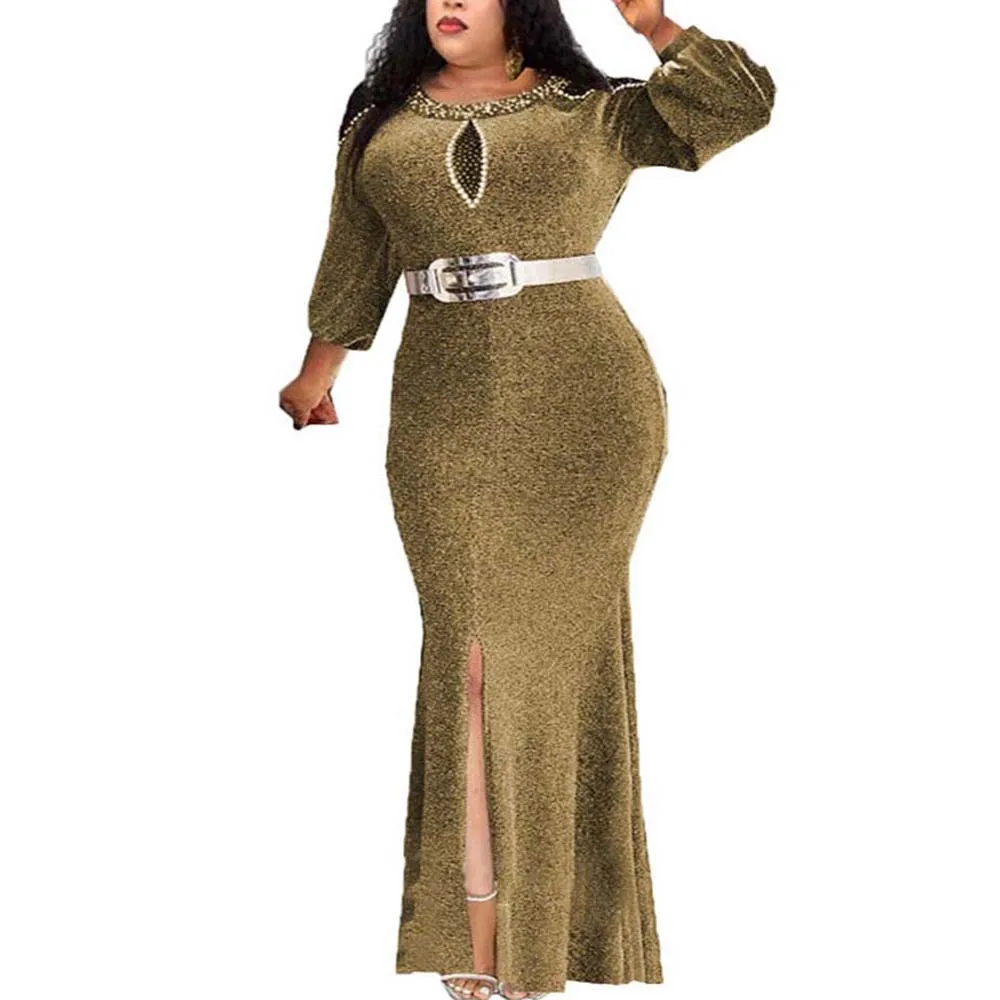 

Gloden Beaded Dress African Women Formal Event Elegant Evening Long Dresses 2022 Spring Fashion Bodycon Party Maxi Robe Femme