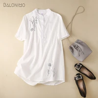 womens embroidered blouse summer new stand collar short sleeve mid length shirts cotton ladies button up shirt womens tops