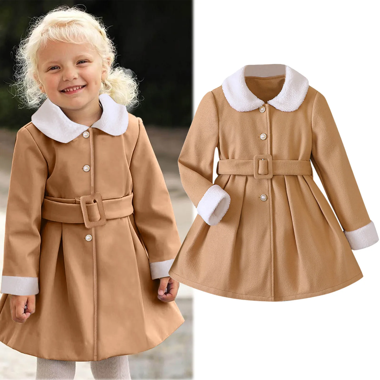 

Toddler Girls Winter Overcoats Fashion Streetwear Long Sleeve Warm Fleece Solid Color Belt Coat Jackets Outerwear Winter Clothes
