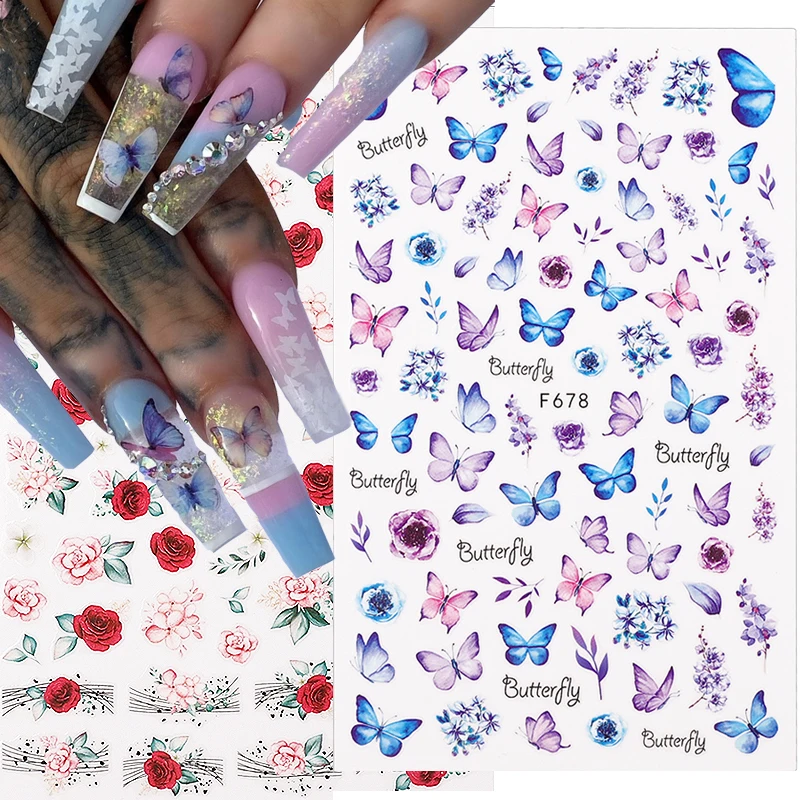 

3D Holographic Butterfly Flower Leaf Nail Art Stickers Spring Themed Blue Butterfly Pink Rose Decals Nail Art Decoration