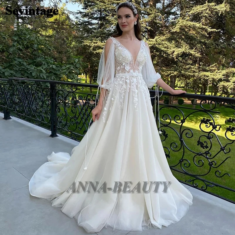 

Anna Bohemian Elegant Wedding Dresses V Neck Full Sleeve Backless Sparkly Lace Appliques Wedding Gown For Bride Custom Made