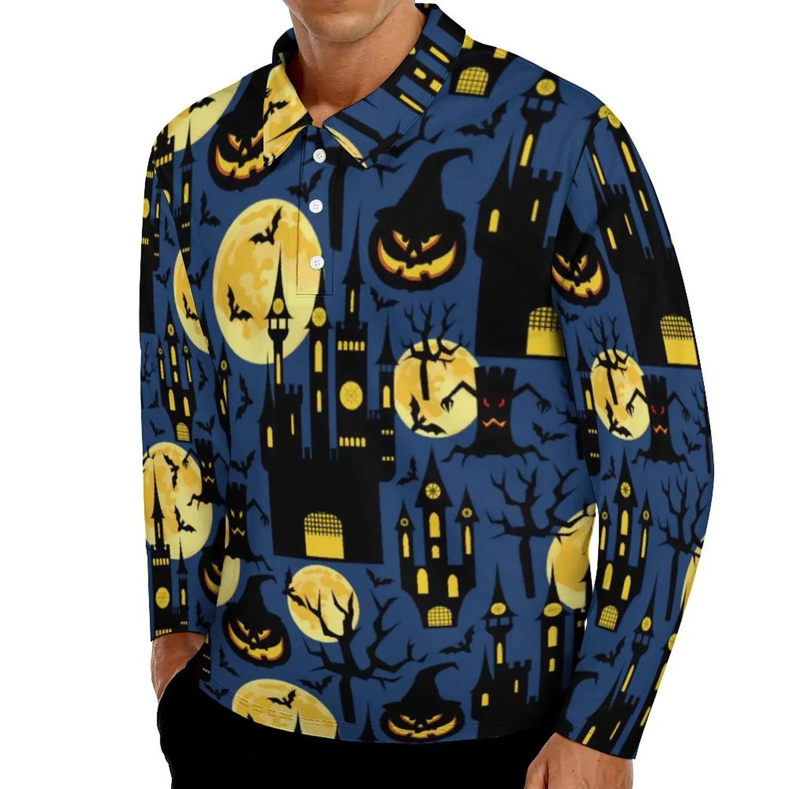 

Повседневные футболки на Хэллоуин, рубашки-поло с принтом дома с привидениями, летучие мыши, Мужская забавная рубашка, весенняя одежда с дли...