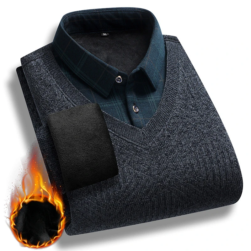 Мужской искусственный свитер из двух предметов вязаный пуловер 2024 зимние теплые