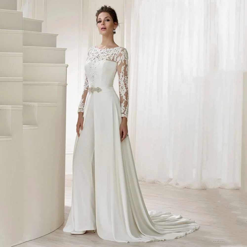 

2022 lace wedding jumpsuit with detachable train long sleeves O-neck white formal wedding dress embossed wedding dress evening d