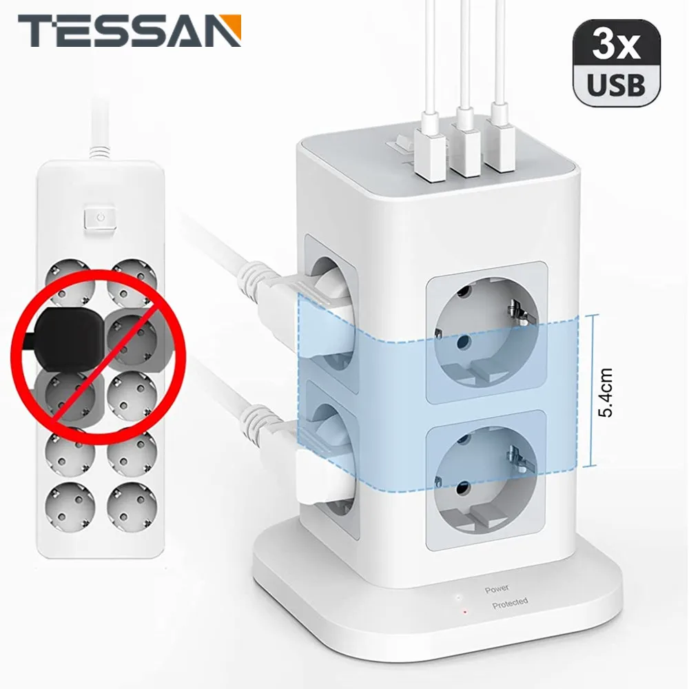 

TESSAN EU Vertical Power Strip Surge Protection with Switch 8 Slots 3 USB Ports 2M Cable Multi Plug Tower Socket for Home/Office