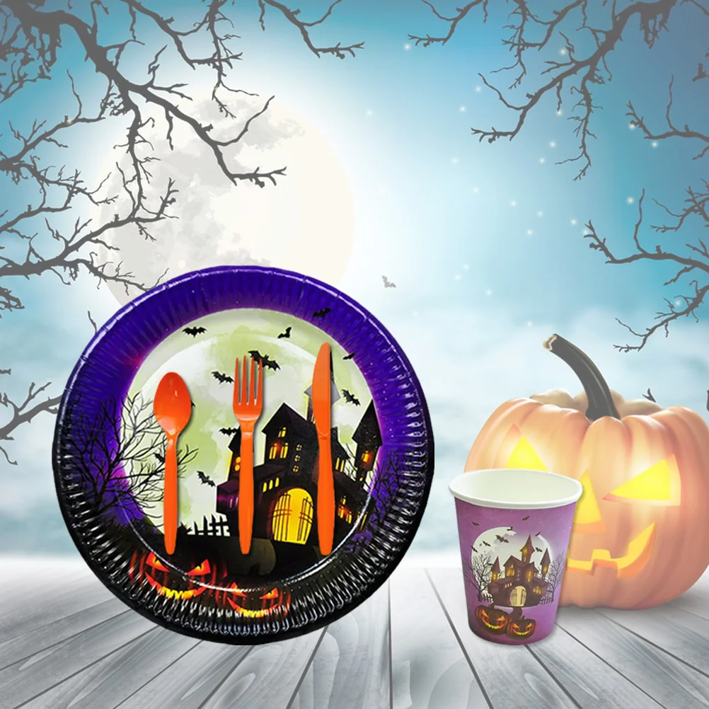 

Tableware Cups Party Castle Plates Paper Drinking Forks Table Runner Purple Pumpkin Dinnerware Set Disposable
