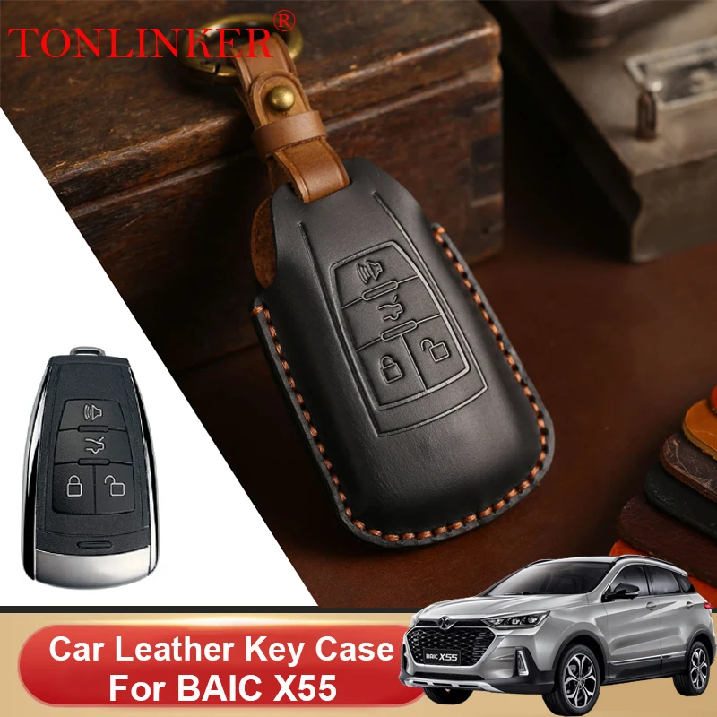 

TONLINKER Genuine Leather Car Key Case For BAIC X55 X65 Senova Holder Shell Remote Cover Car Styling Keychain Accessories