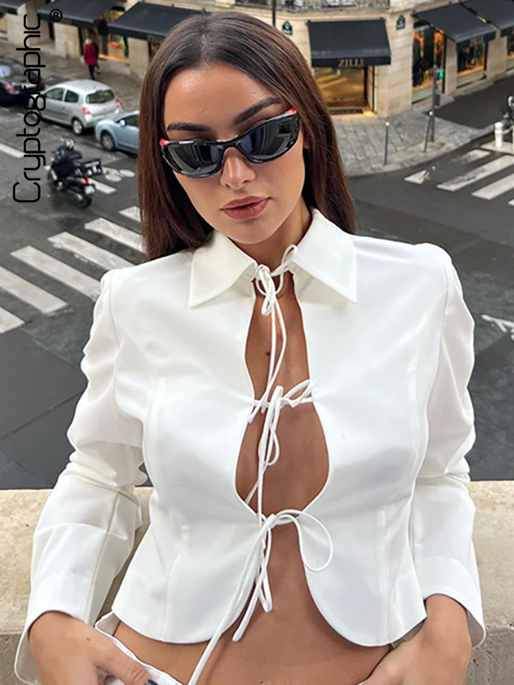 

Cryptographic Fashion Tie Front Tops Cropped Cardigans Shirts for Women Fall Outfits Bandge Long Sleeve Blouse Shirts Clothes
