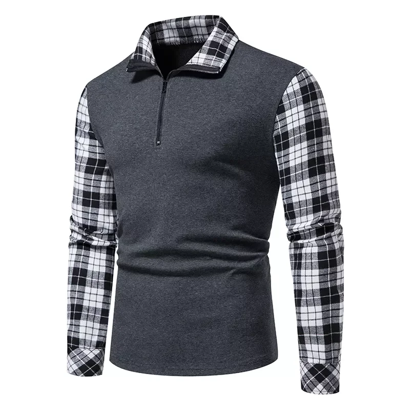 

2022 New Men's Polo Shirt Fashion Patchwork Mens Casual Long Sleeved Zip Collar Check Polo Shirt Men Plaid Sleeve Tops Tees Man
