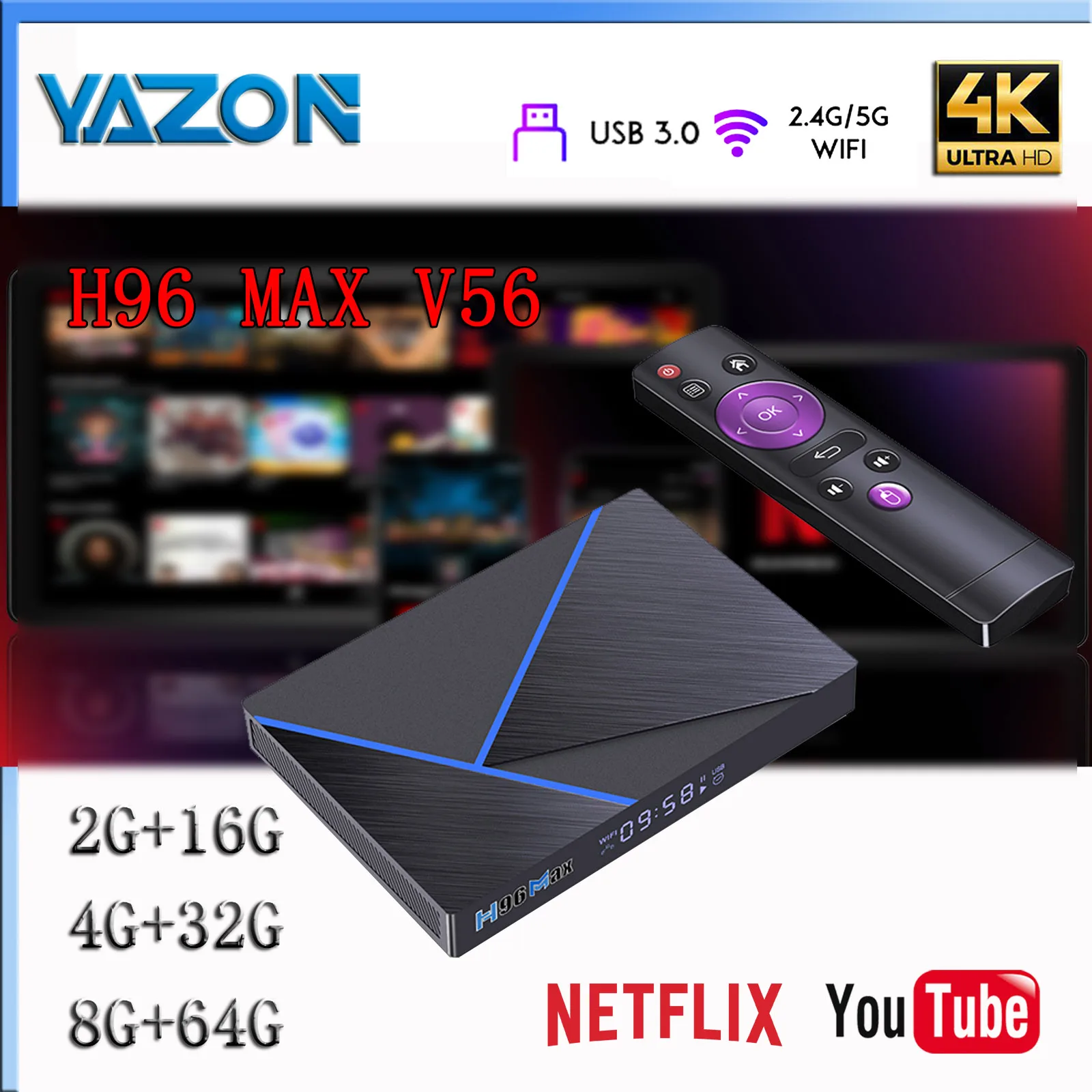 

YAZON H96 Max V56 Android12 Smart TV Box RK3566 Quad-Core 64bit 2.4G/5G WiFi BT4.0 1000M LAN 8K Original Set Top Box