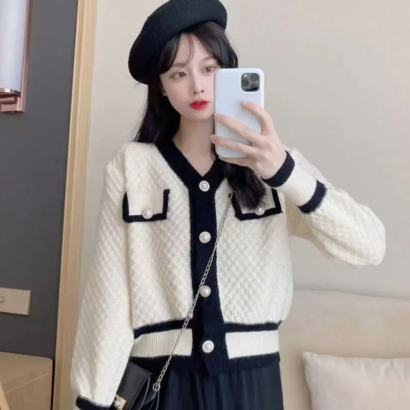 

Женский короткий свитер с V-образным вырезом, Повседневный Кардиган с длинным рукавом в Корейском стиле