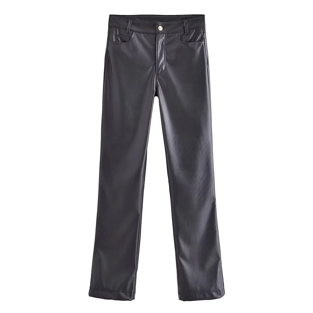 

PB&ZA Women Faux Leather Cargo Pants Mid Waist Streetwear Vintage Loose Black Straight Wide Leg Casual Trousers Mujer 8741240