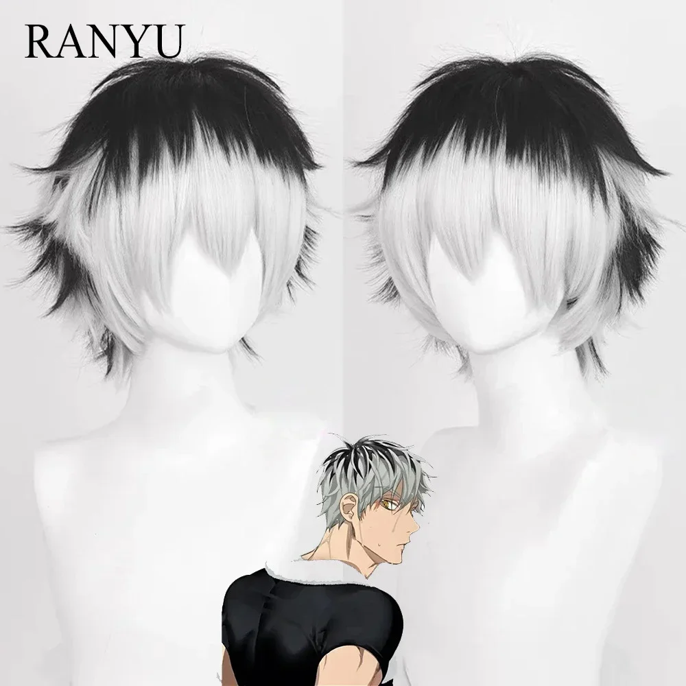 Парик Haikyuu Kotaro Bokuto Синтетические прямые короткие черные белые смешанные Аниме