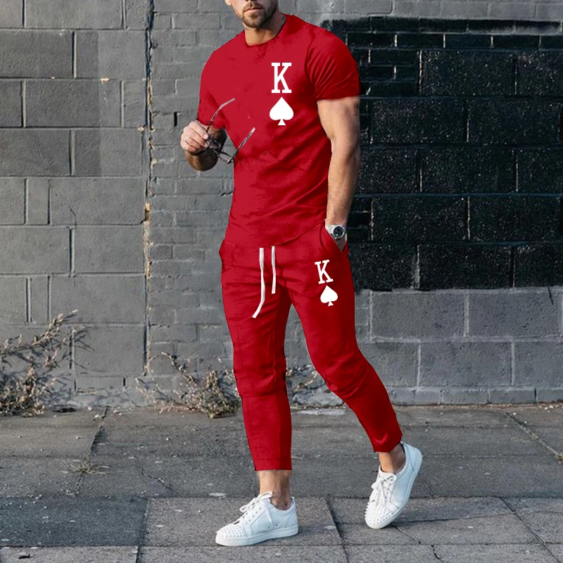 

Summer Men Solid Color T-Shirt Trousers Set Fashion K Print Tracksuit 2 Pieces Casual Clothing Male New Oversized Streetwear