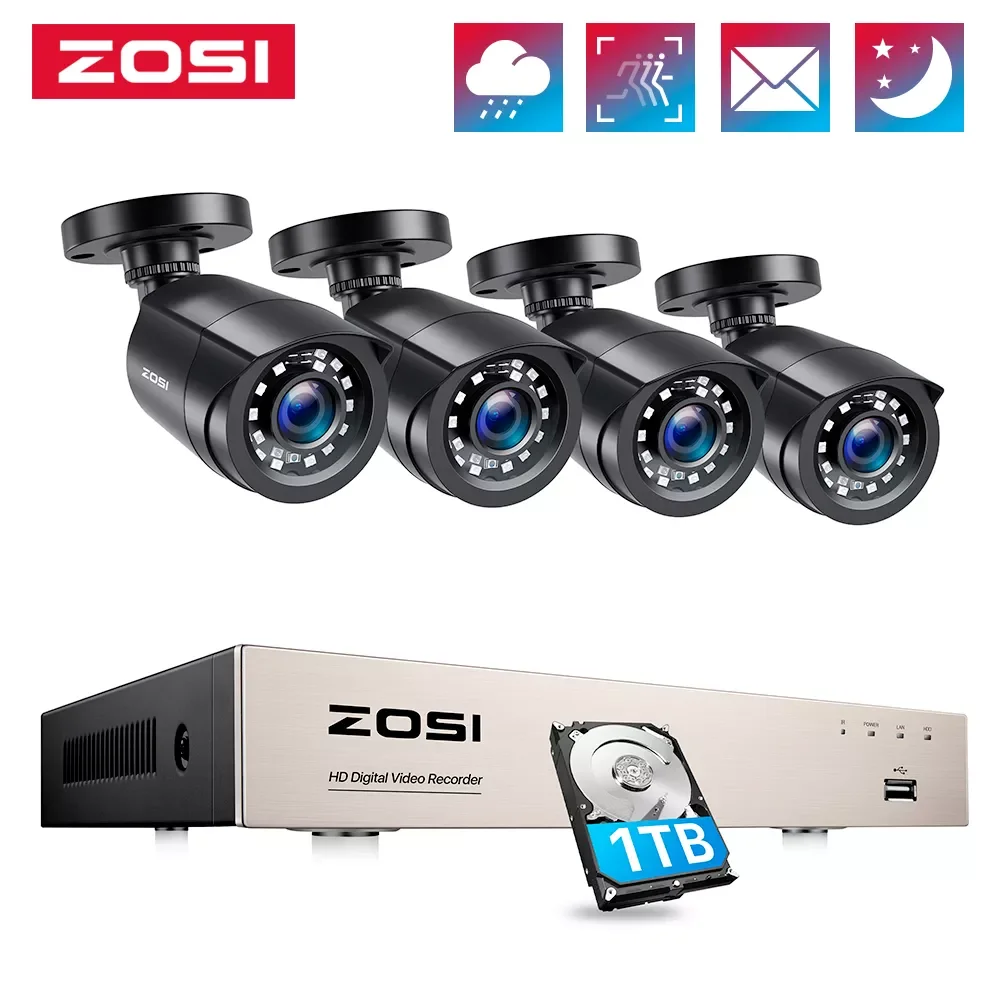 ZOSI 4 Pack 720P Surveillance Bullet Cameras 1.0MP Day Night Weatherproof CCTV Camera Indoor Outdoor Night Vision Up to 20 Meters Security System 