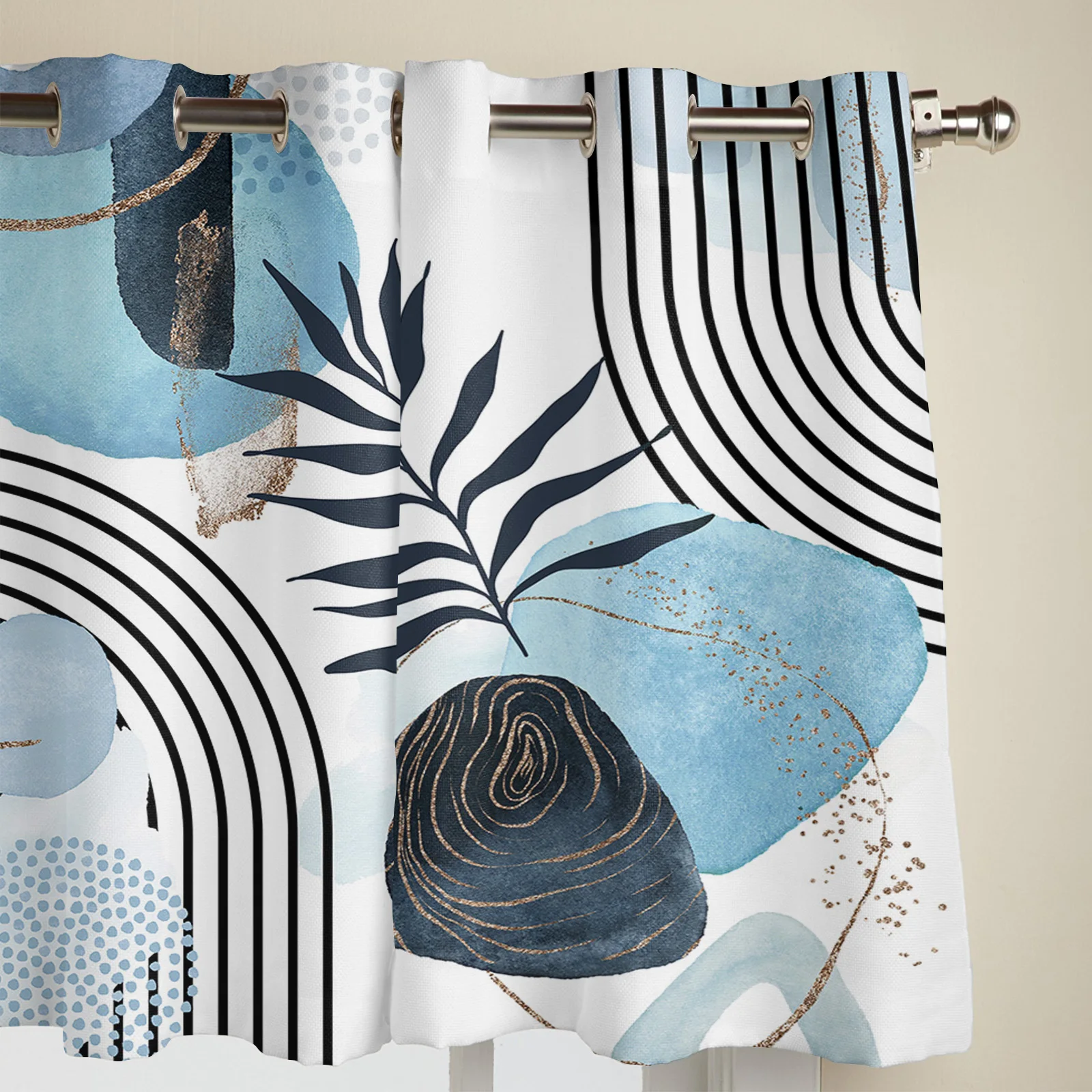 Шторы с абстрактным изображением листьев в стиле бохо тёмно-синие листья для