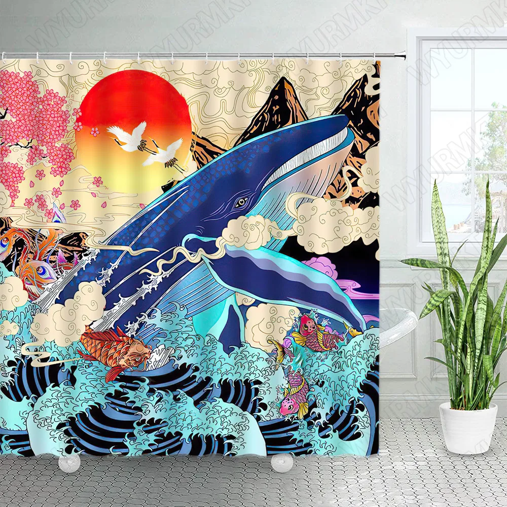 

Creative Whale Shower Curtains Sun Crane Mount Fuji Sea Waves Carp Asia Ukiyo-e Art Fabric Home Bathroom Decor Bath Curtain Sets