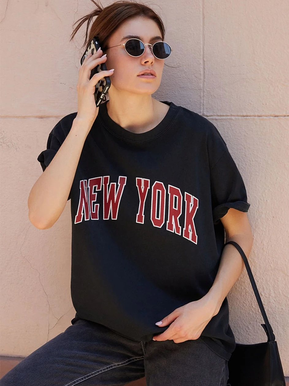 

New York Letter Print Slim T-shirt Women Summer Streetwear Short Sleeve Cotton Loose T-shirts Female Retro Streetwear Tops 2023