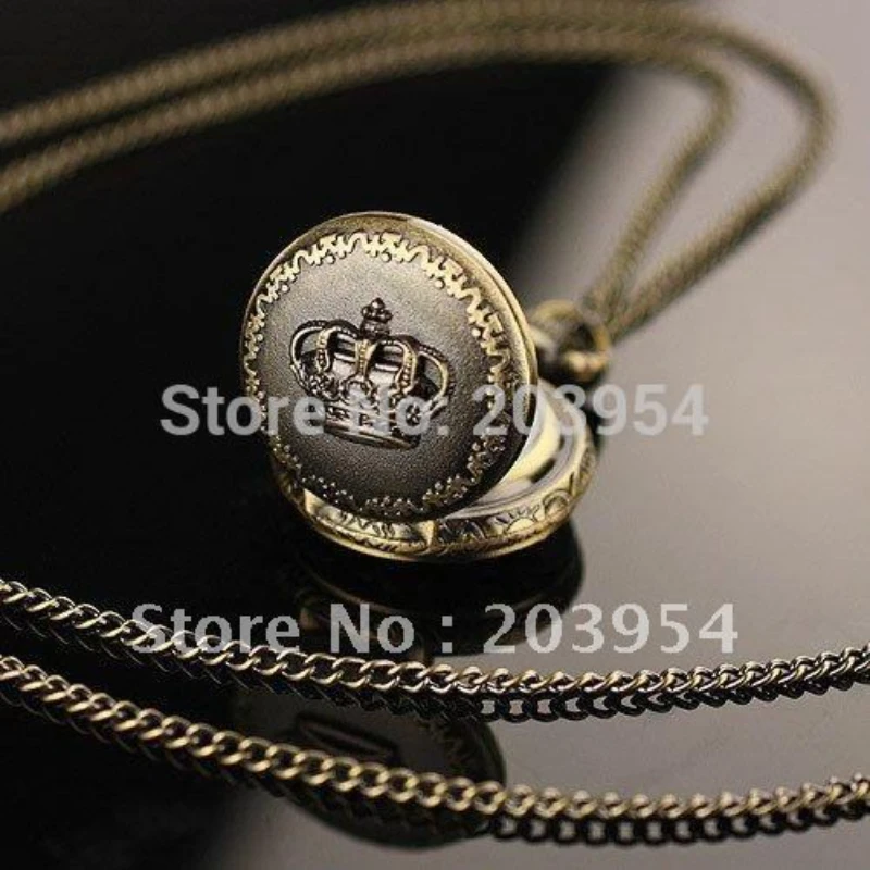 Crown Pocket Watch Antique Vintage Pendant Quartz Necklace Steampunk Princess Chain Husband Gift Idea