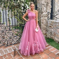 pink evening dresses for women 2022 long pleat feathers prom gowns engagement party one shoulder a line special duabi vestidos