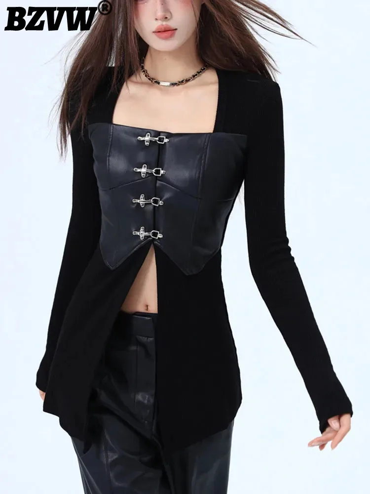 

BZVW Designer Fake 2 Pieces Knitted Sweater Patchwork Square Collar T-shirt Women 2024 New Trend Streetwear Female Tops 25X3898