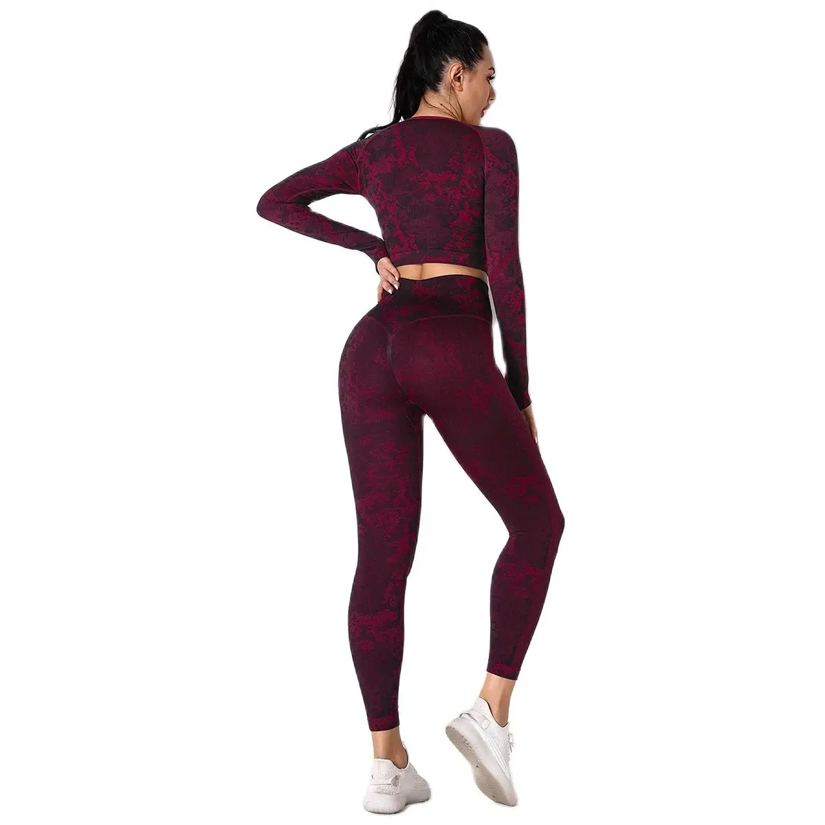 

New Women's Seamless Knitting Camouflage Body Bound Yoga Fitness Exercise High Elastic Body Bound Long Sleeve Yoga Suit