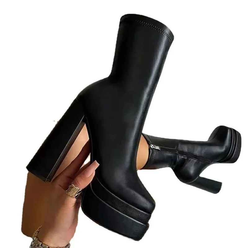 2022 Sexy Chunky High Heels Ankle Shoes for Women Punk Style Zipper Thick Platform Elasticity Microfiber Boots Sapatos Femininos