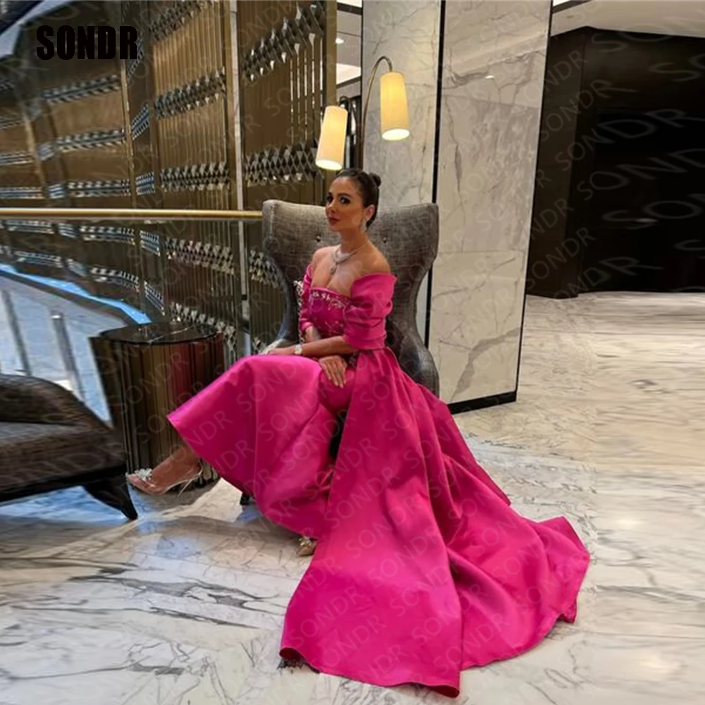 

SONDR Fuschai Long Sweetheart Evening Dress Full Sleeves Shiny Dubai 2 Pcs Formal Occasion Night Prom Gowns Dresses Vestidos