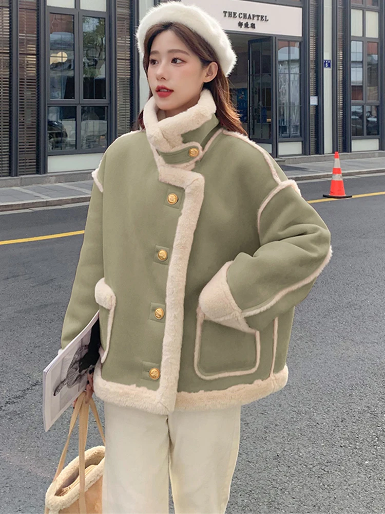 

Fitaylor Winter Women Lamb Wool Thick Warm Coat Casual Lady Turn-down Collar Single Breasted Coat Female Parkas Jacket