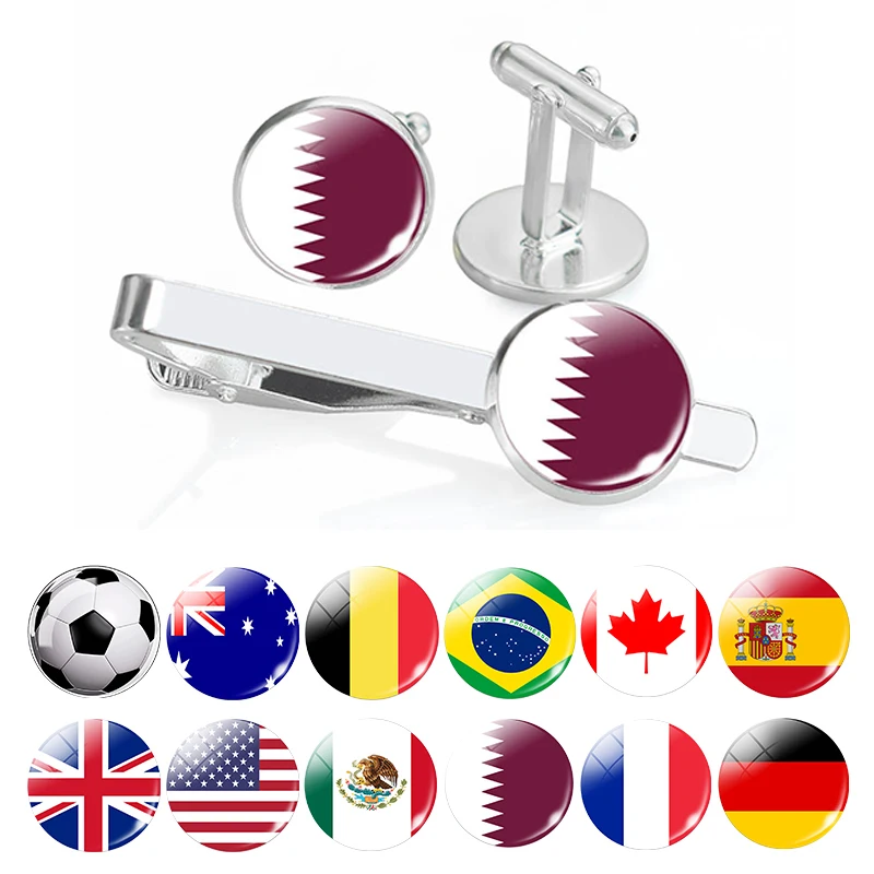 

2022 Qatar Football Cufflinks Tie Clip Set Spain Belgium Brazil France Poland Mexico Flag Cufflinks Set Soccer Club Fan Gift