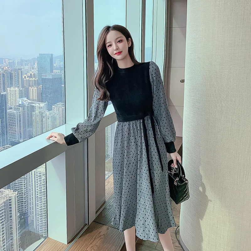 

Autumn Winter Casual Women's Dresses Elegant Dresses For Women Slim Polka Dot Pleated Reception Waist Midi Long Dress
