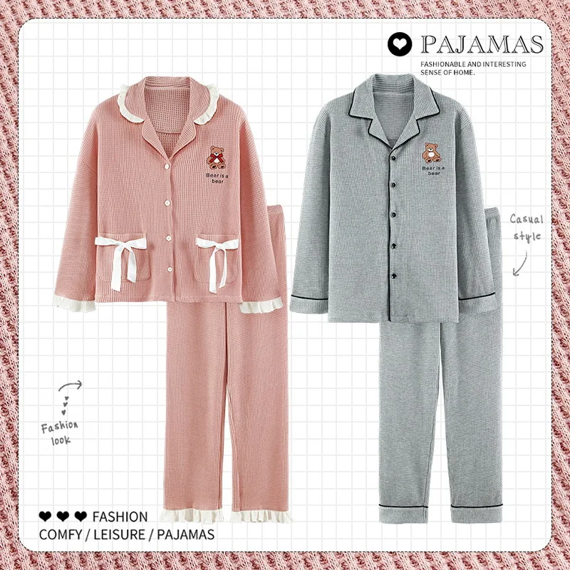 Cotton Pajamas Men Long Sleeve Trousers Suit for Couples Winter Sleepwear Set Women Plaid Cute Korean Autumn Pyjamas Home Clothe