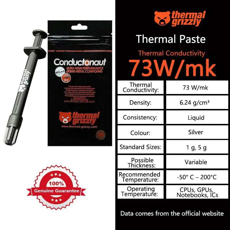 

Thermal Grizzly Conductonaut 73W/mk Liquid Metal Thermal Paste for CPU GPU Cooling PC AMD Intel Processor Cooler Thermal Paste