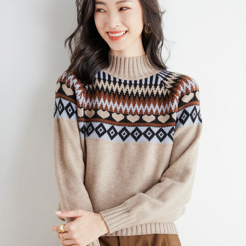 

Fall Winter Women Stand Up Collar Vintage Sweater Argyle Lazy Loose Warm Chic Jumper Christmas Knitted Pullover 2022