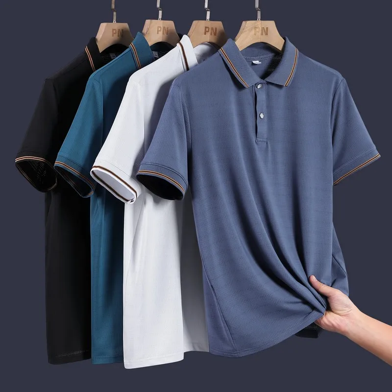 

Summer High-QuAlibabaty Casual Ice Shreds Normal Shirt Mens Polo Short Sleeve Solid Fashion Breathable Men Clothing Free Shiping