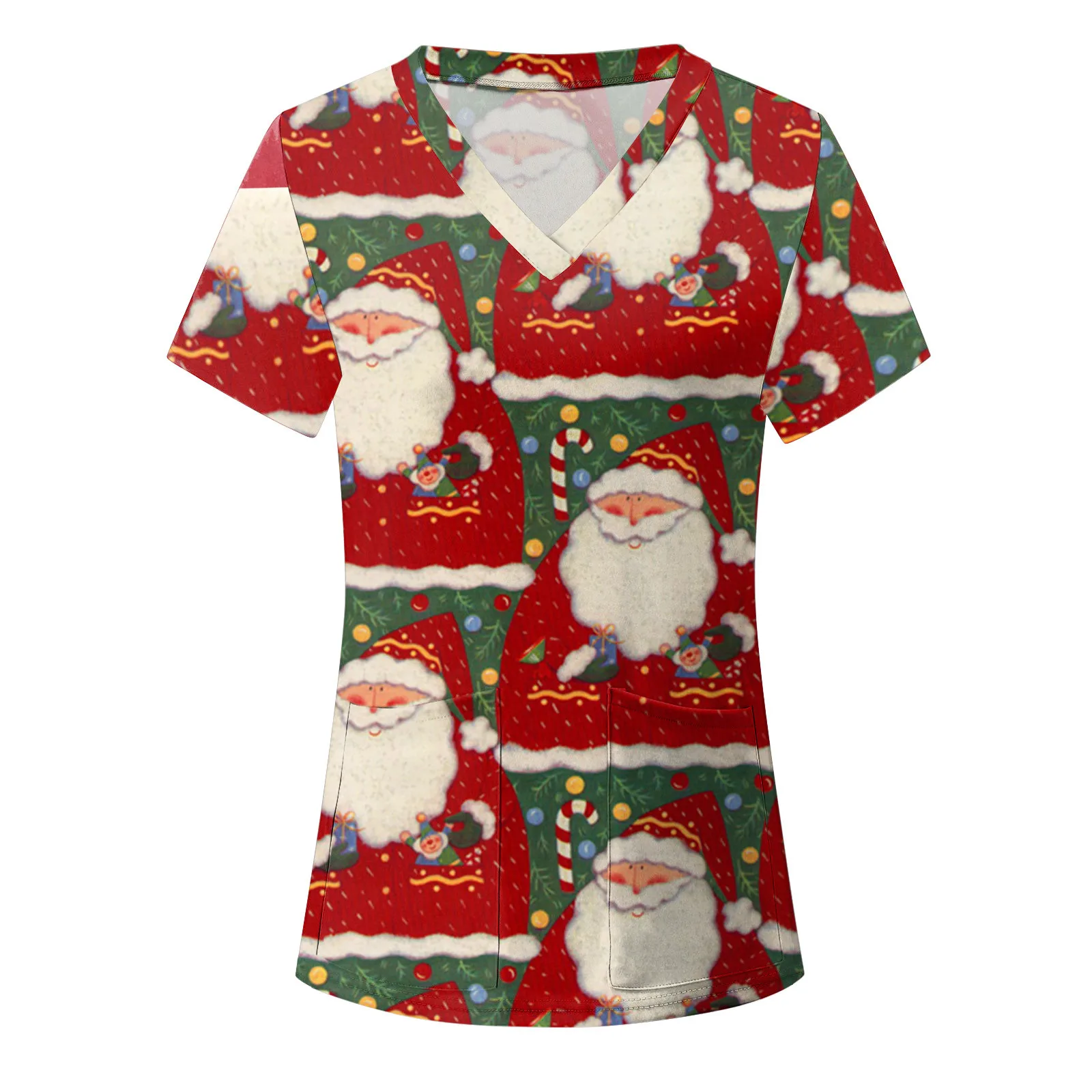 

2023 Рождественская скраб-форма, короткая Рабочая женская блузка с V-образным вырезом и рукавами, топы, Новогодние рождественские топы с Санта...