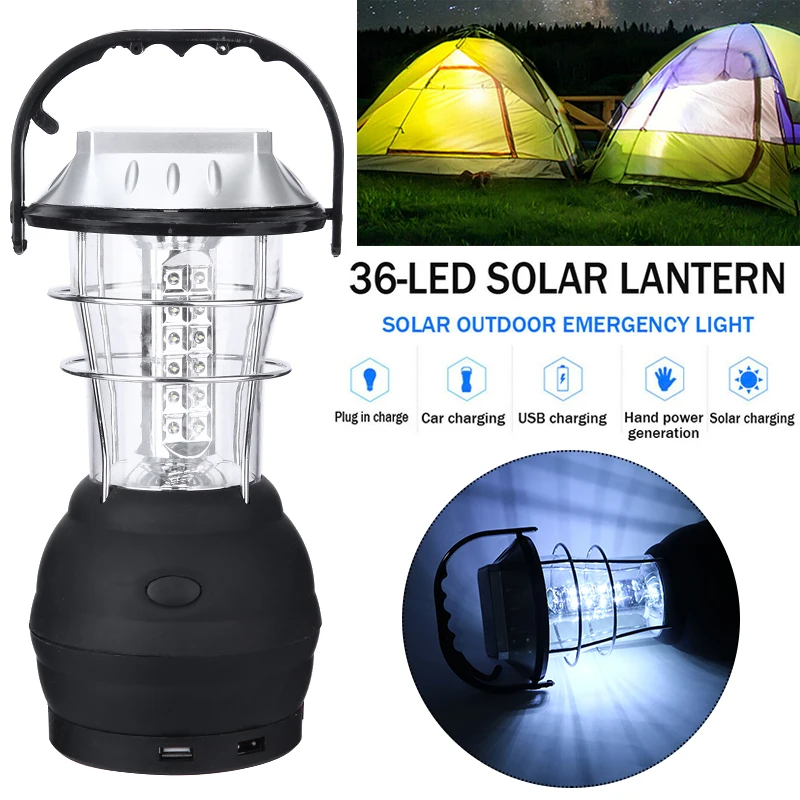 1pc solar camping lantern 36 led light usb phone charger fishing lamp for outdoor hiking emergency lights 3aaa battery lamps free global shipping