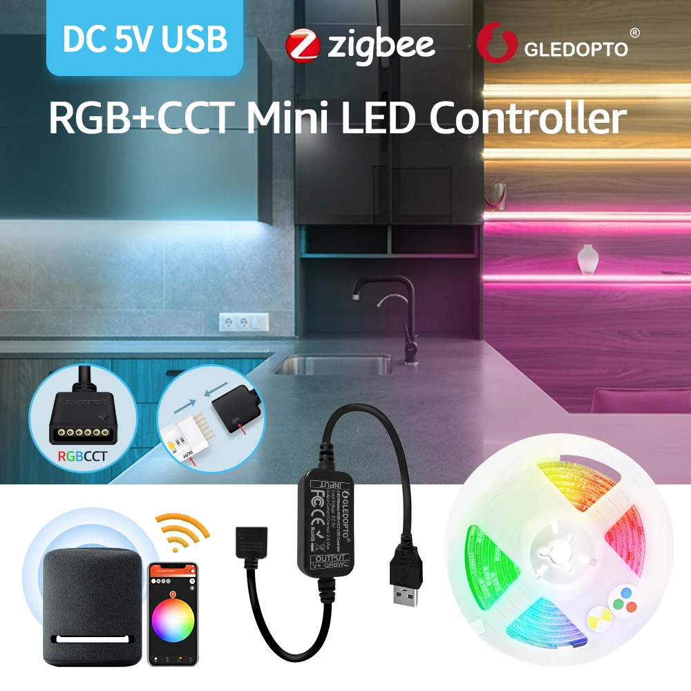 Zigbee Light DC5V Mini RGBCCT Smart LED Strip Controller Compatible With Tuya SmartThings APP/Amazon Echo Plus Voice Control