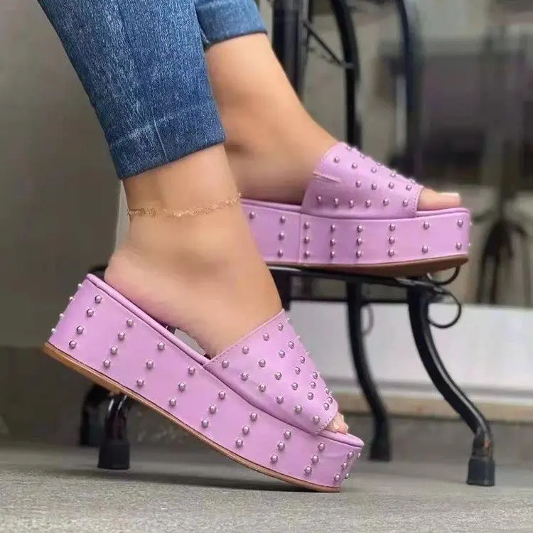 

Female Shoes Summer Clogs Woman Low Rubber Flip Flops Big Size Rivet Ladies' Slippers Platform 2022 Beach Hawaiian Hoof Heels Ba