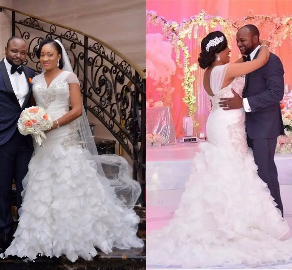 

Женское свадебное платье с юбкой годе, платье из органзы с V-образным вырезом и рукавами-крылышками, оборками, платье невесты в африканском с...