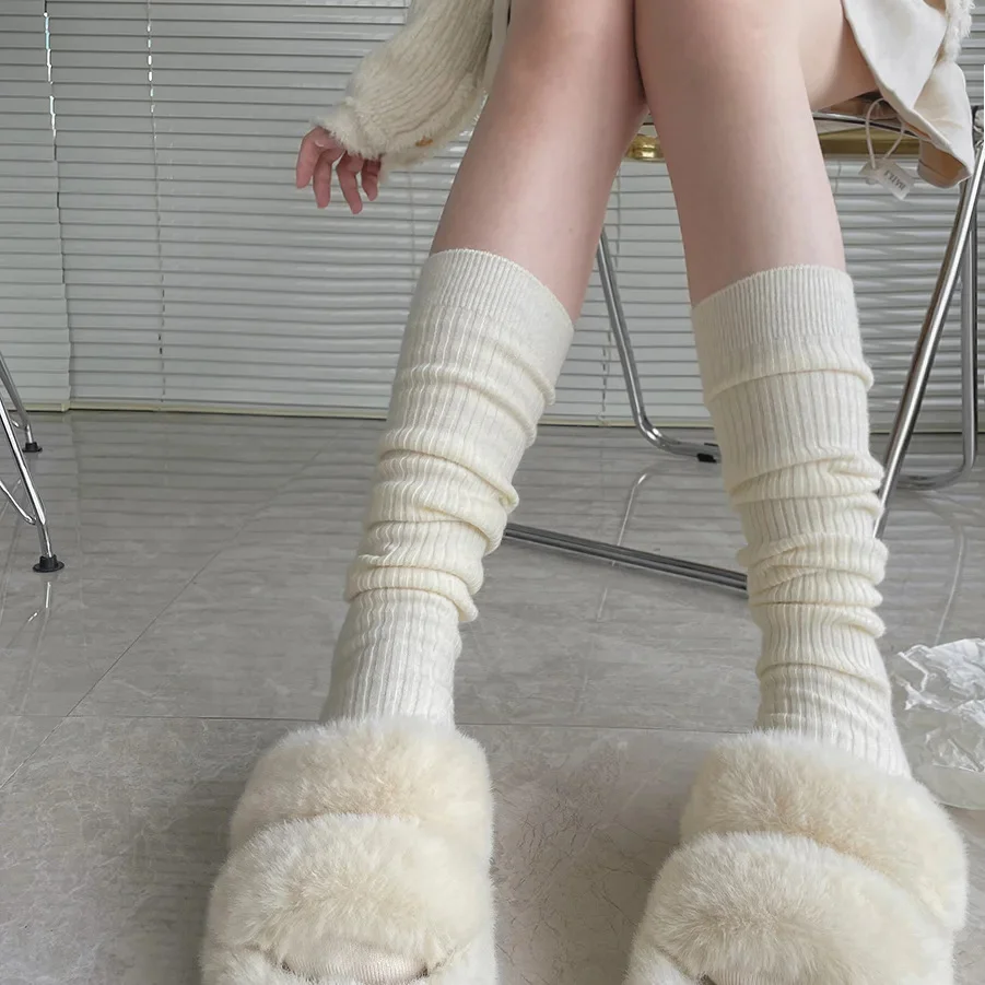 

Женские шерстяные кашемировые длинные осенне-зимние плотные теплые чулки до колена японские однотонные вязаные носки до икры