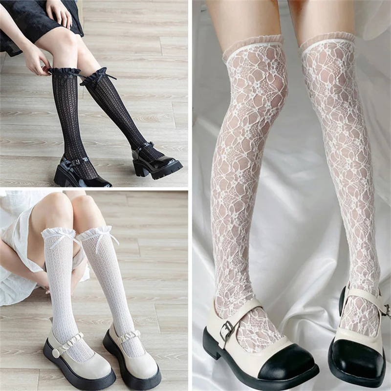 

Женские чулки с оборками, длинные кружевные носки в японском стиле Лолита, белые кружевные гольфы до колена, милые чулки до бедра с милым бантом для девочек
