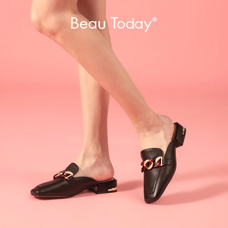 

Mules Women Genuine Cow Leather Metal Decoration Square Toe Slip On Outdoor Ladies Flat Shoes Handmade 35059