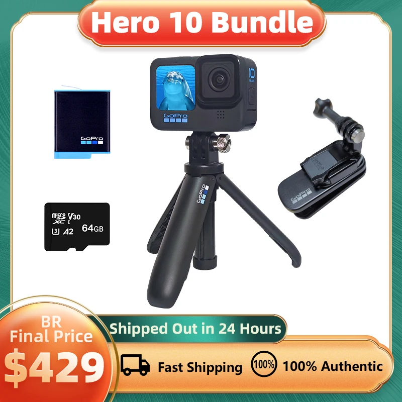 GoPro HERO 10 Black Underwater Action Camera 4K 5.3K60 Video, Helmet Sports Cam 23MP Photos, 1080p Live Streaming Go Pro HERO10