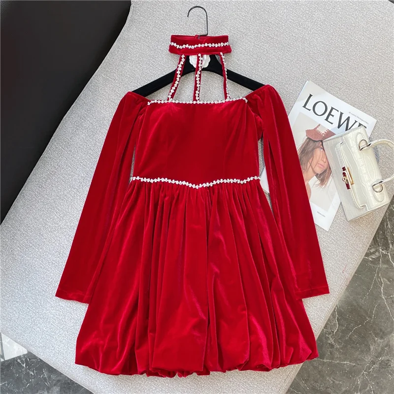 

PREPOMP 2022 Spring New Arrival Long Sleeve Rhinestone Halter Sexy Backless High Waist Short Pleated Velvet Dress Female GD863