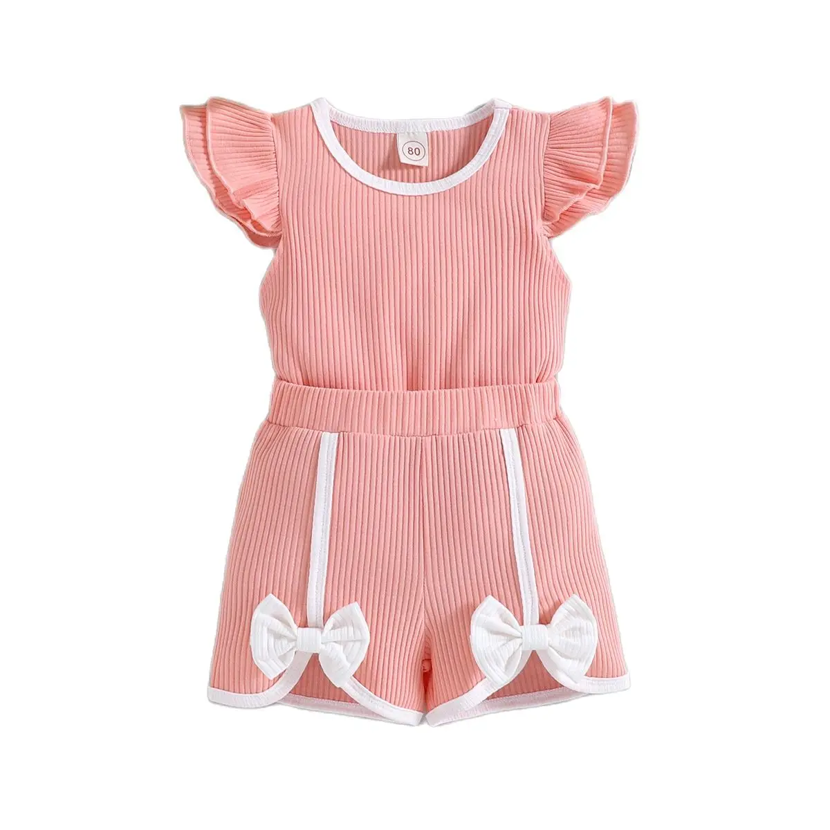 

Детский костюм 2022 Новинка для девочек с маленькими летающими рукавами с бантом и белыми краями шорты с короткими рукавами для отдыха и спор...